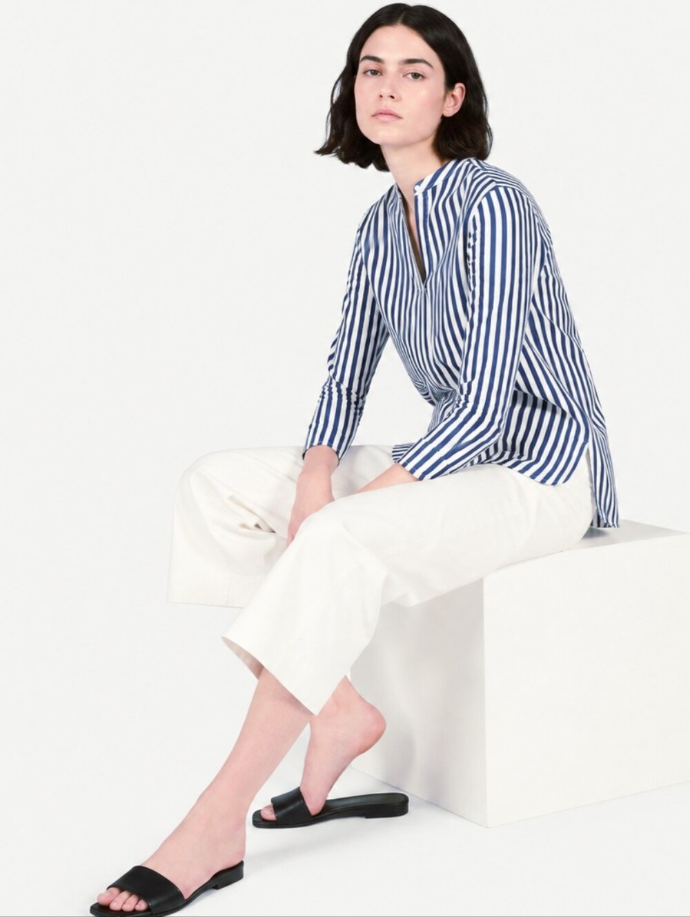 Everlane Striped Blue & White Buttonless Shirt Size 0